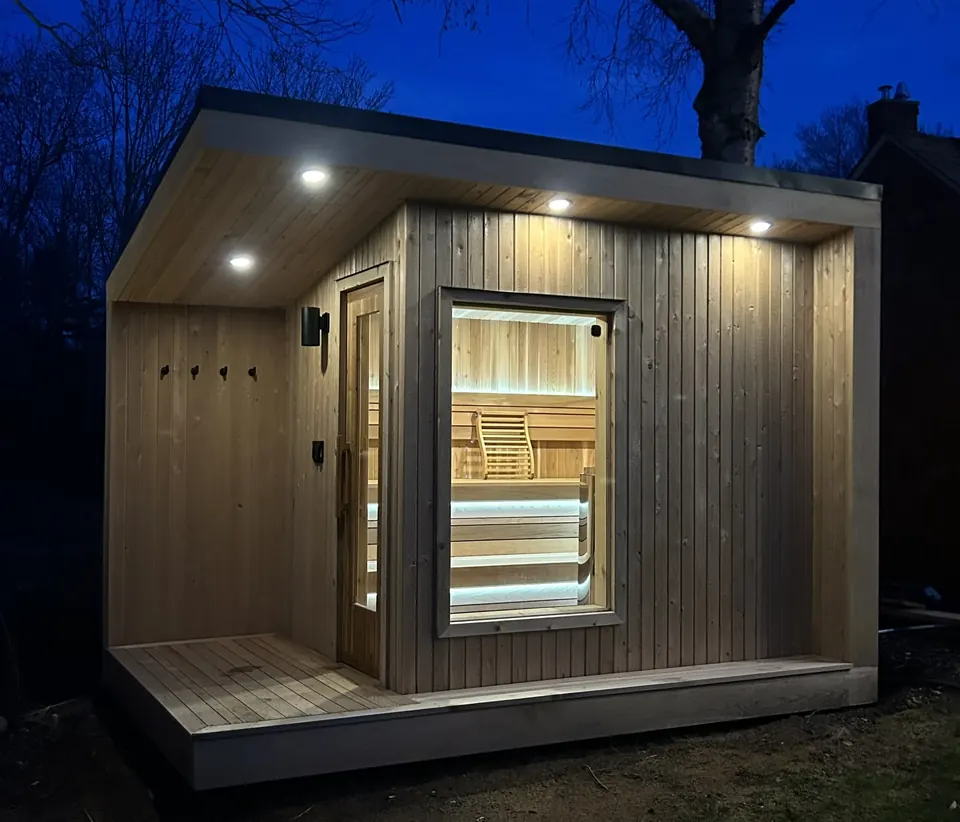 Backyard sauna: sauna exterior at dusk