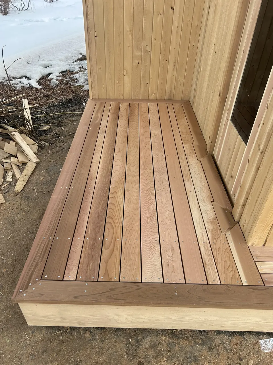 Backyard sauna: recessed sauna porch and doorway in progress