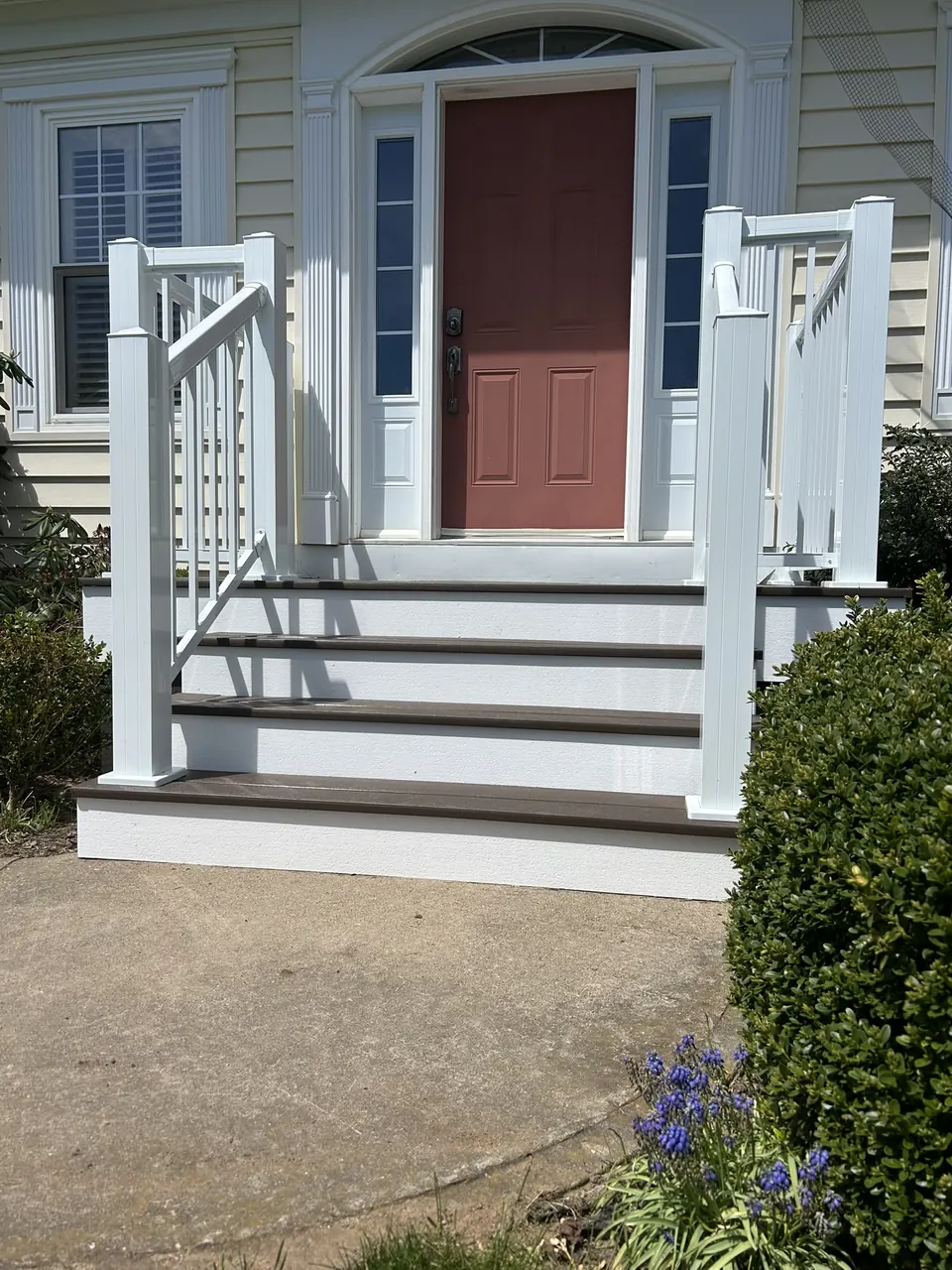 Red-door front entry: front-on stair view