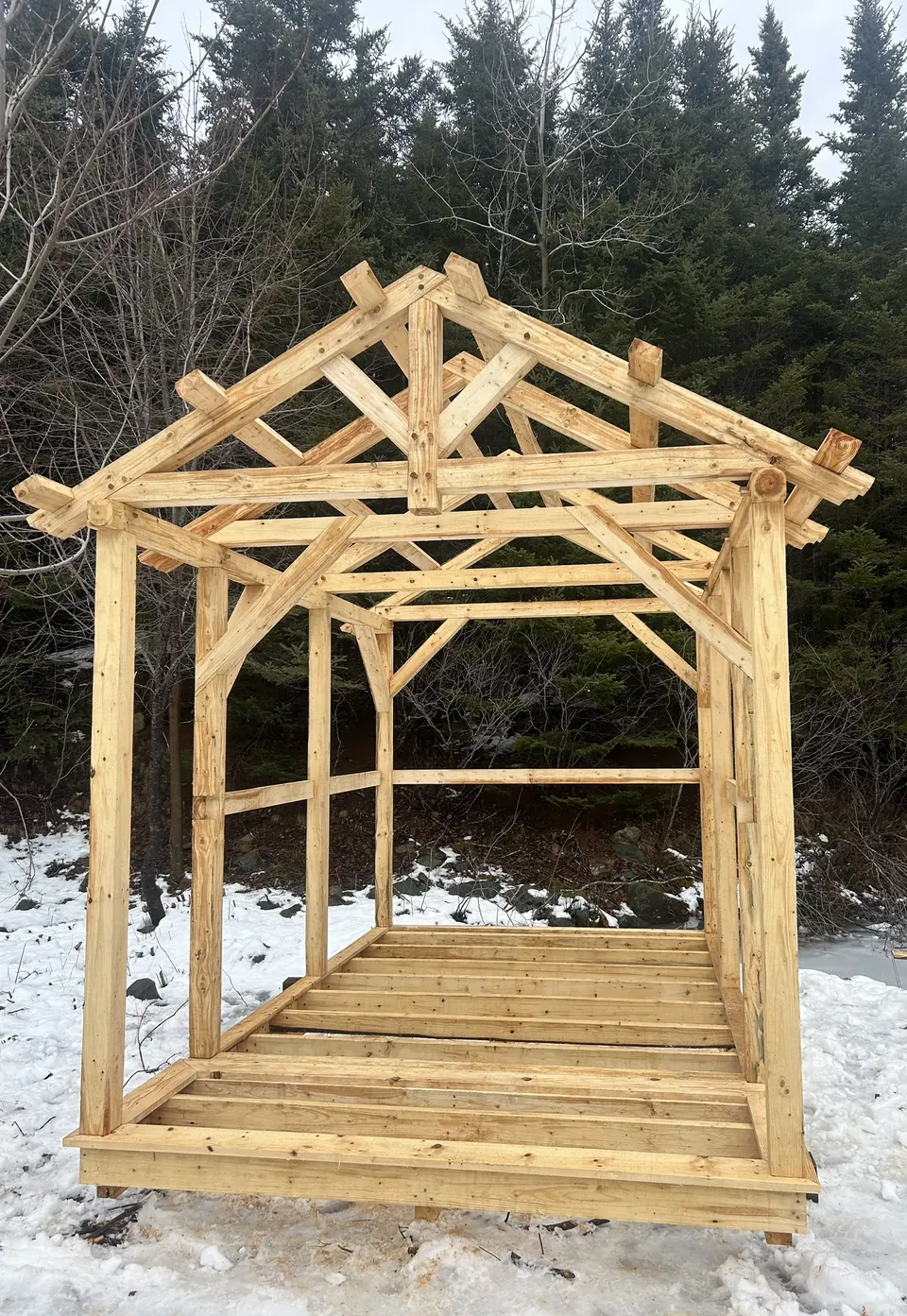Timber-frame details: full timber frame during construction